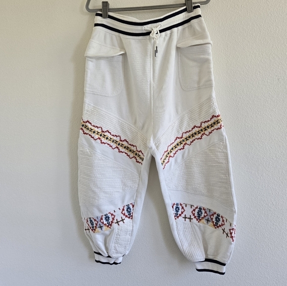 Free People Crystal Sport Joggers Embroidered Ribbed Waist Ivory Red Gold Large - Picture 4 of 16